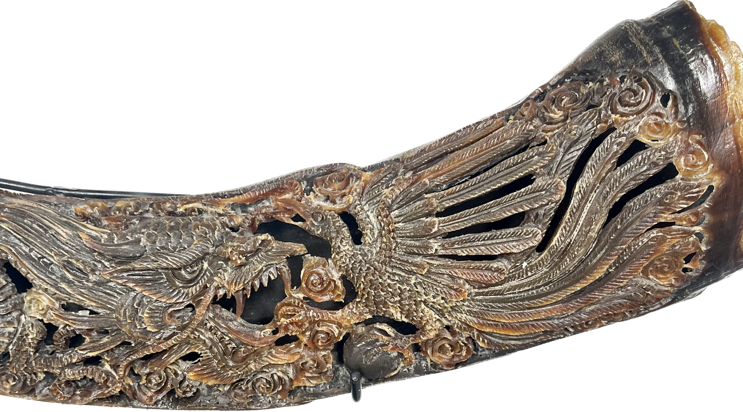 Water Buffalo handcarved horn - Dragon v Phoenix