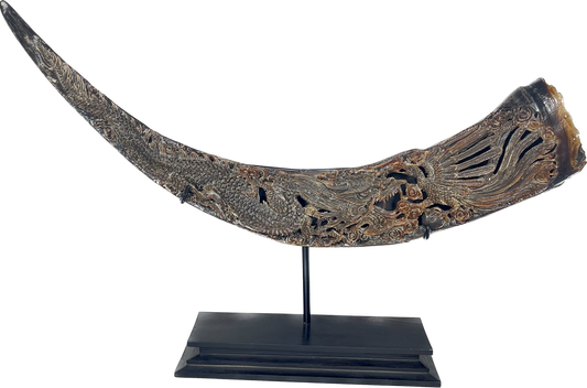 Water Buffalo handcarved horn - Dragon v Phoenix